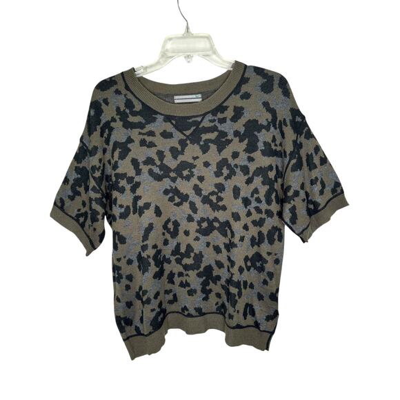 Anthropologie Ethan Green Gray Black Leopard Print Short Sleeve Sweater - Picture 1 of 9